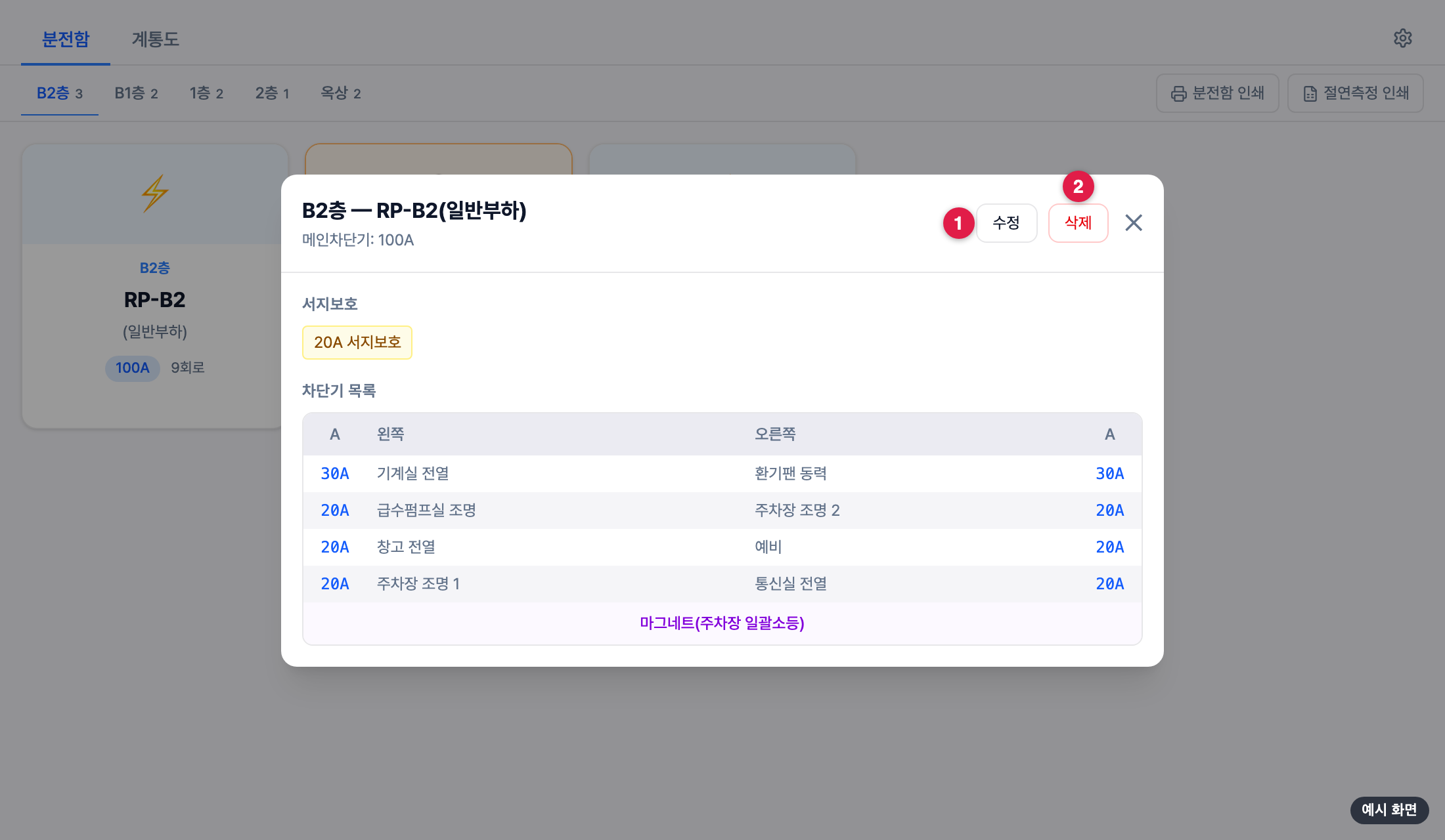 분전함 상세 — 좌우 차단기 표와 수정·삭제