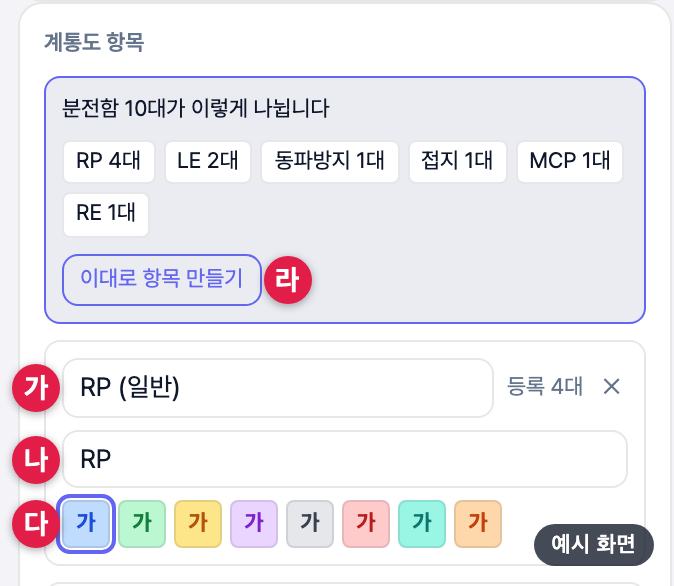 계통도 항목 — 「이대로 항목 만들기」와 이름·앞글자·색